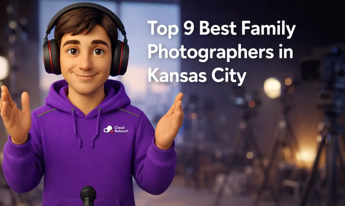 3D CloudRetouch character standing in a Kansas City photography studio wearing headphones and a purple hoodie.