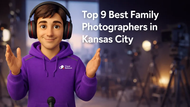 3D CloudRetouch character standing in a Kansas City photography studio wearing headphones and a purple hoodie.