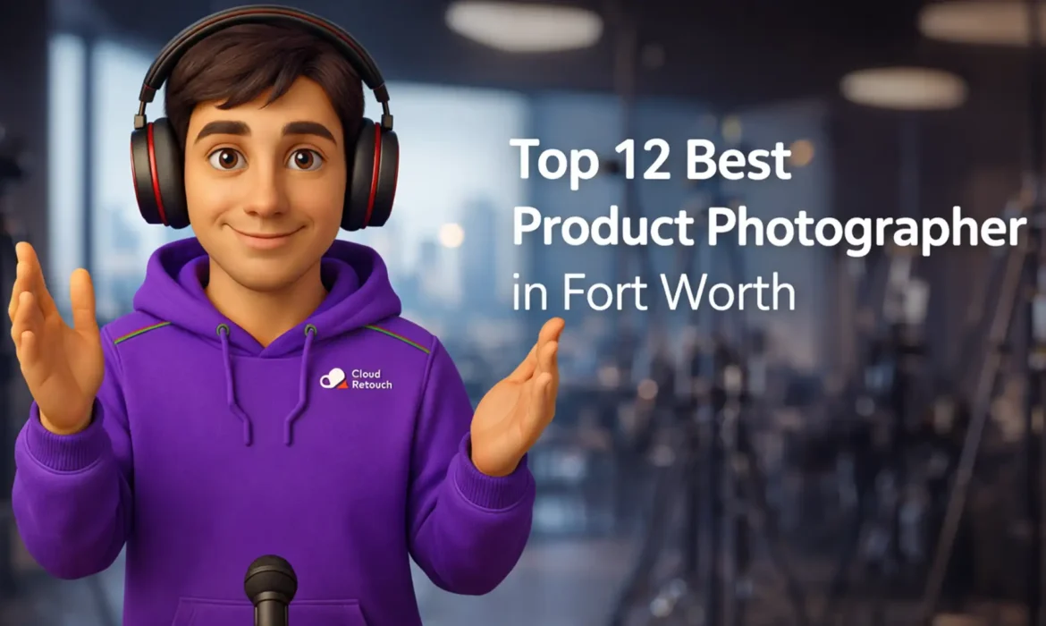 3D character in a Fort Worth photography studio wearing a purple hoodie and headphones.