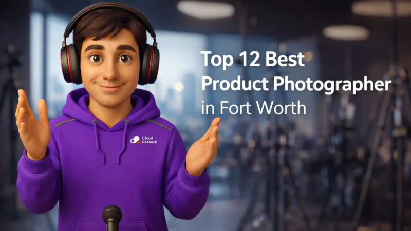 3D character in a Fort Worth photography studio wearing a purple hoodie and headphones.